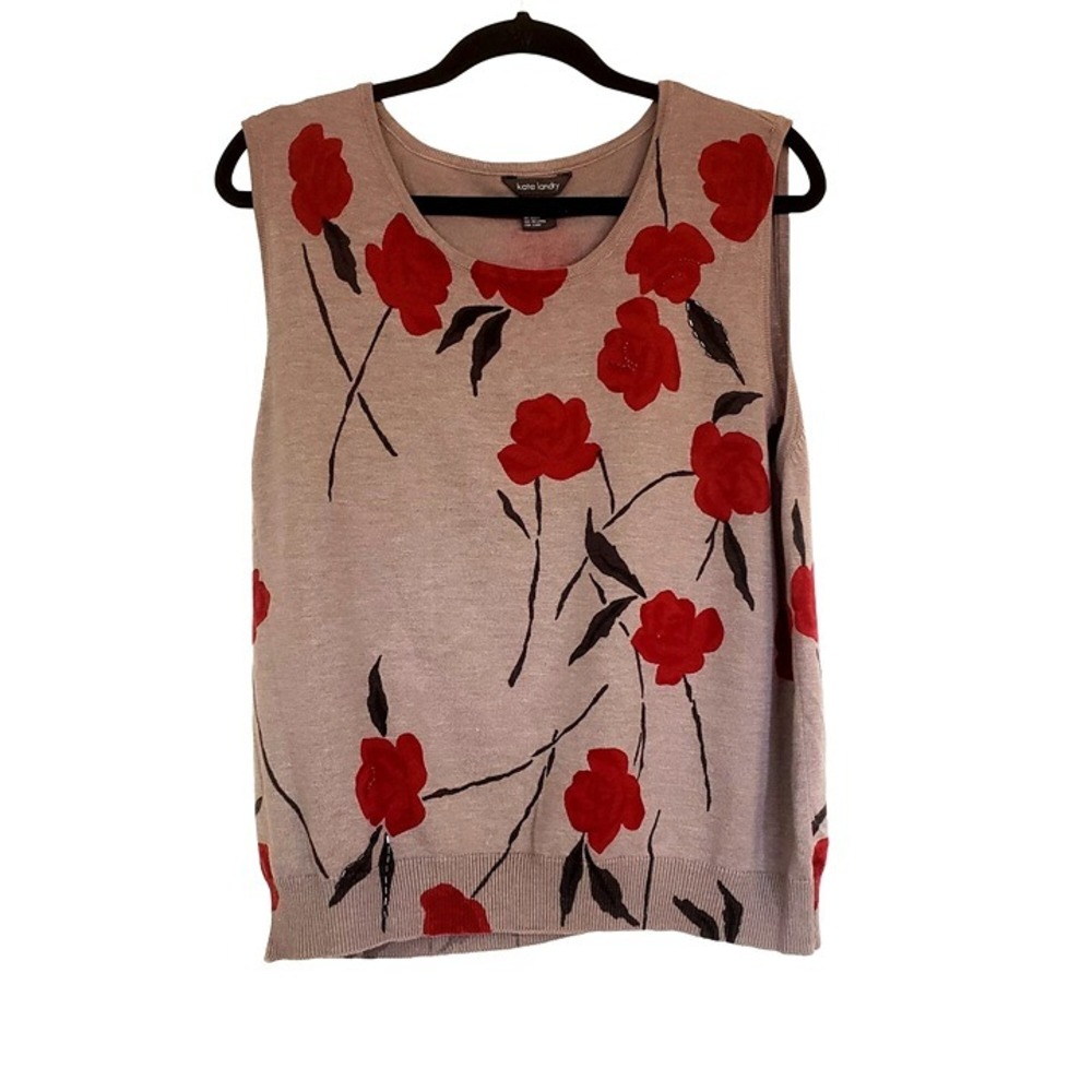 Kate Landry Sweater Vest size‎ X Large floral print gray embellished flowers
